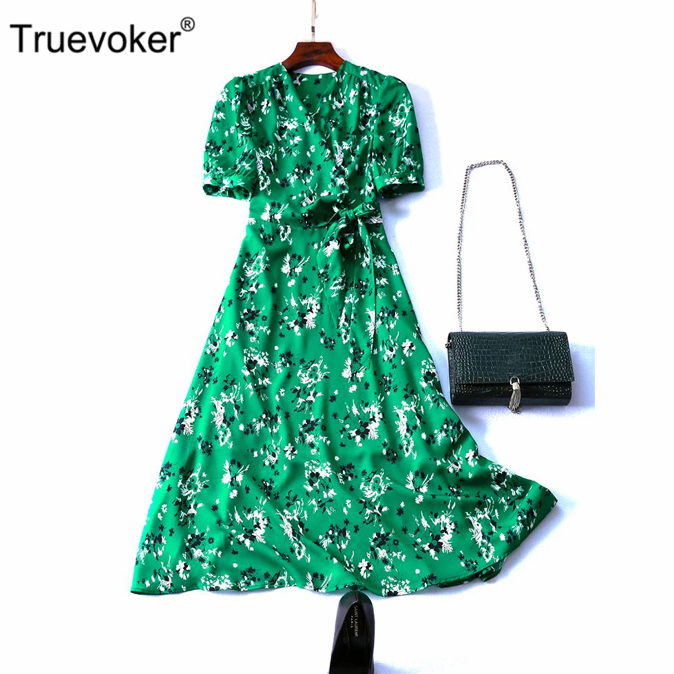 

Truevoker Summer Runway Designer Dresses Women's High Street Fashion Short Sleeve Green Floral Printed Tied Waist Midi Vestidoes
