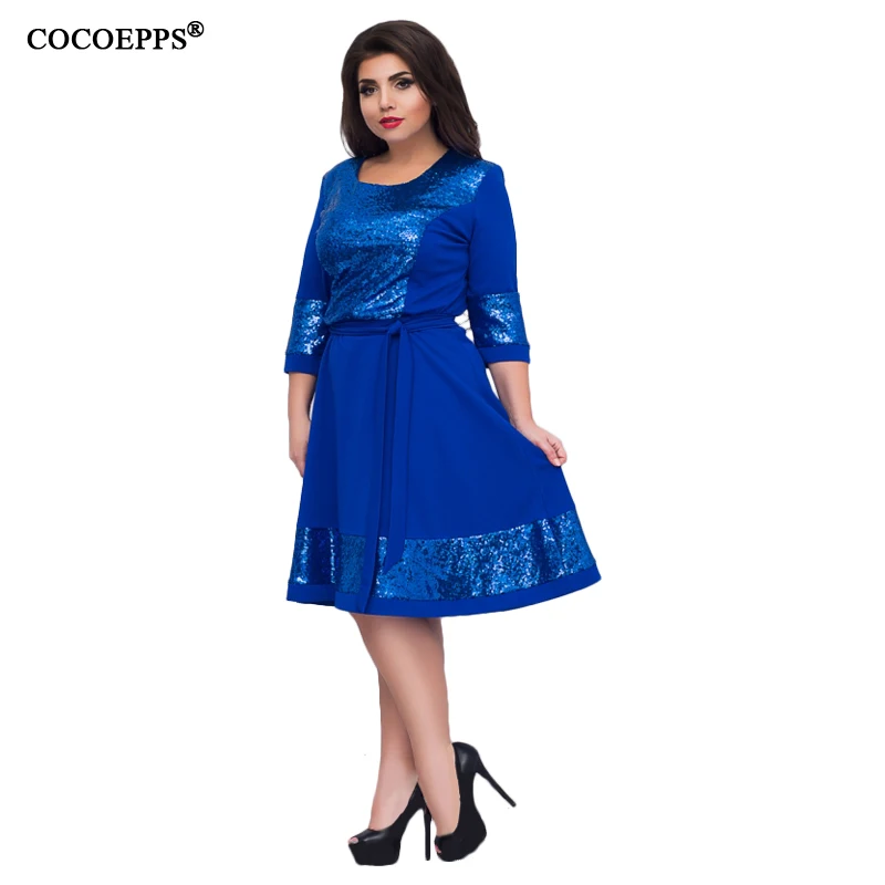 COCOEPPS Новинка размера плюс женская одежда платье модное элегантное женское платье с блестками большой размер s Повседневное платье с круглым вырезом Vestidos - Цвет: blue