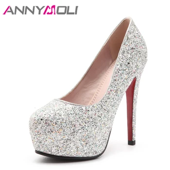 

ANNYMOLI Glitter Wedding Shoes Women Pumps Extreme High Heels Platform Shoes Bling White Bridal Heels Red Evening Shoes 34-39