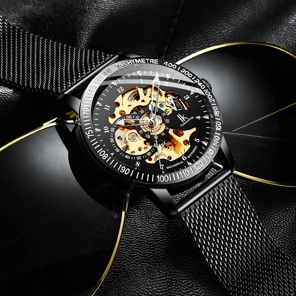 

2019 Fashion Men Watches Top Luxury Brand IK Colouring Watches Black Mesh Band Automatic Mechanical Male Clock Skeleton Watches