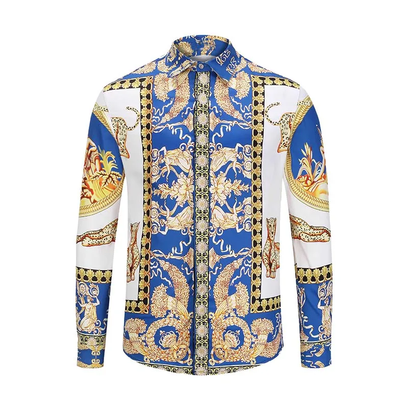 

True Reveler nightclub shirts design men long sleeve shirts fashion blue gold animel leopard tiger blouse character angel tops