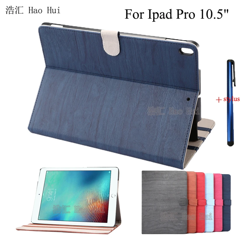 

Ultra Slim Wood Pattern Stand PU Leather Protector Skin Shell Business Book Cover Case For Apple iPad Pro 10.5" Tablet + Stylus