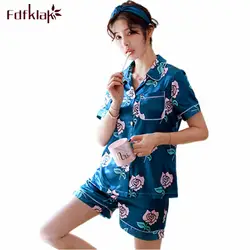 Fdfklak высокое качество шелковой пижаме Женщины с коротким рукавом летние пижамы женские печати Дамы Сна pijama пижамы пижамный комплект