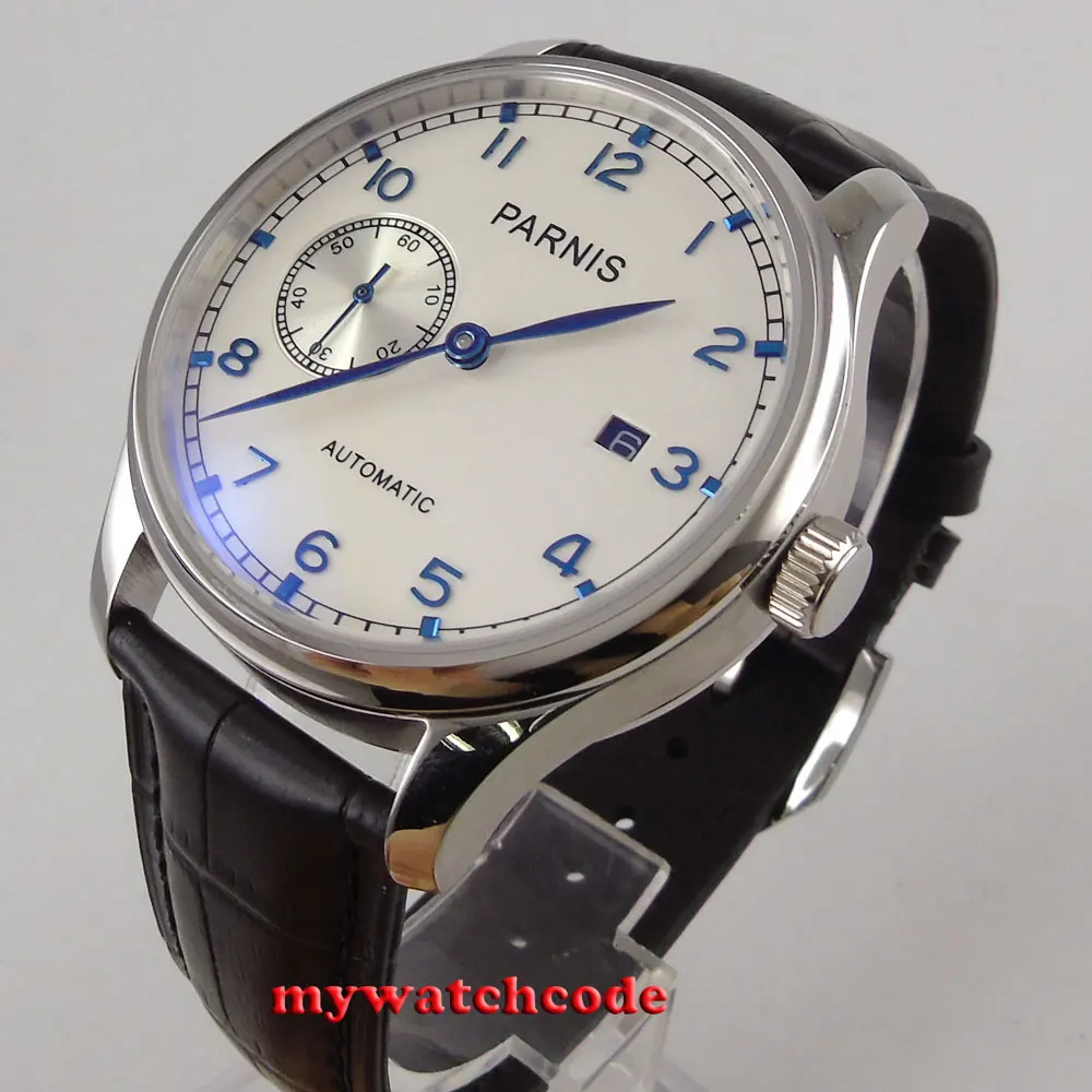 

43mm parnis white dial ST2555 movement automatic black leather mens watch P103