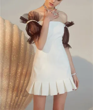 

Cakucool New White Black Patch Summer Dress Lace Pearl Short Sleeve Vestido Slash Neck Off Shoulder Sexy Sheath Mini Dress jurke