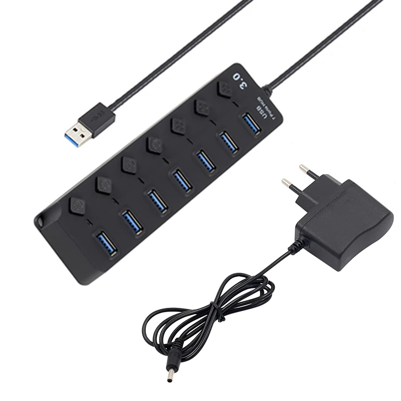 Chielecnal USB Hub 3,0 высокоскоростной 4/7 порт USB 3,0 концентратор разветвитель вкл/выкл переключатель с ЕС/США адаптер питания для MacBook ноутбука ПК - Цвет: 7 Port HUB EU Plug