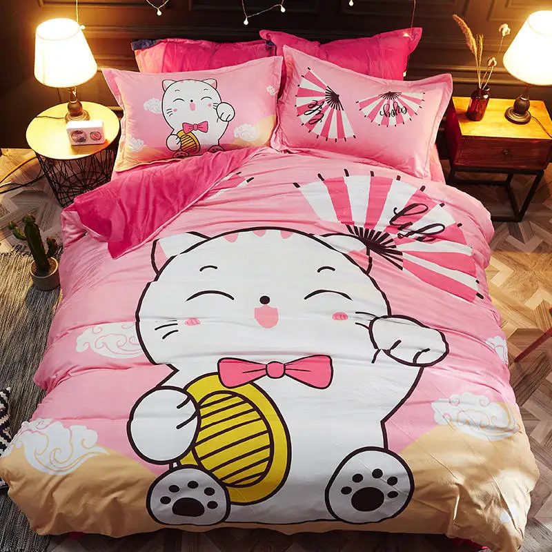 Luxury Bedding Set Crystal Velvet Bed Linen Twin Queen Size Pink Cat
