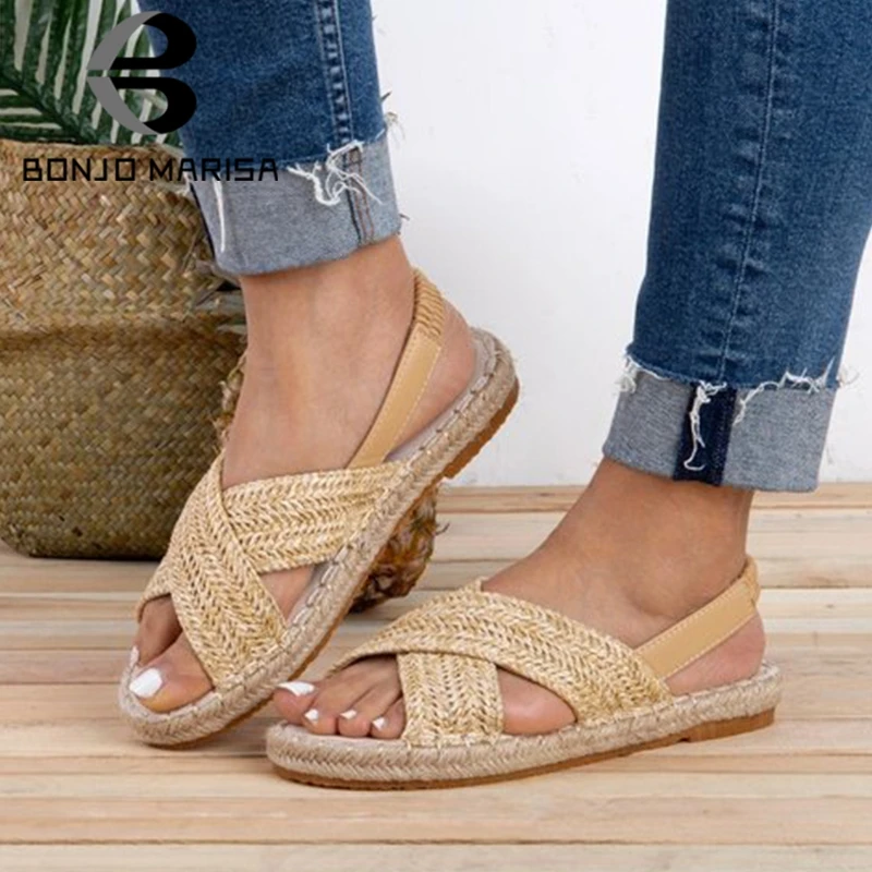 

BONJOMARISA New INS Hot Straw Flat Gladiator Sandals Women 2020 Summer Large Size 35-43 Casual Fretwork Women Beach Shoes Woman