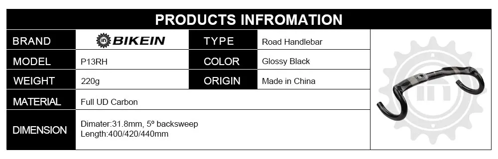 Bikein полный углерода UD Велоспорт Road Рули для велосипеда 400/420/440 мм черный глянцевый согнуты бар Запчасти для велосипедов сверхлегкий 220 г
