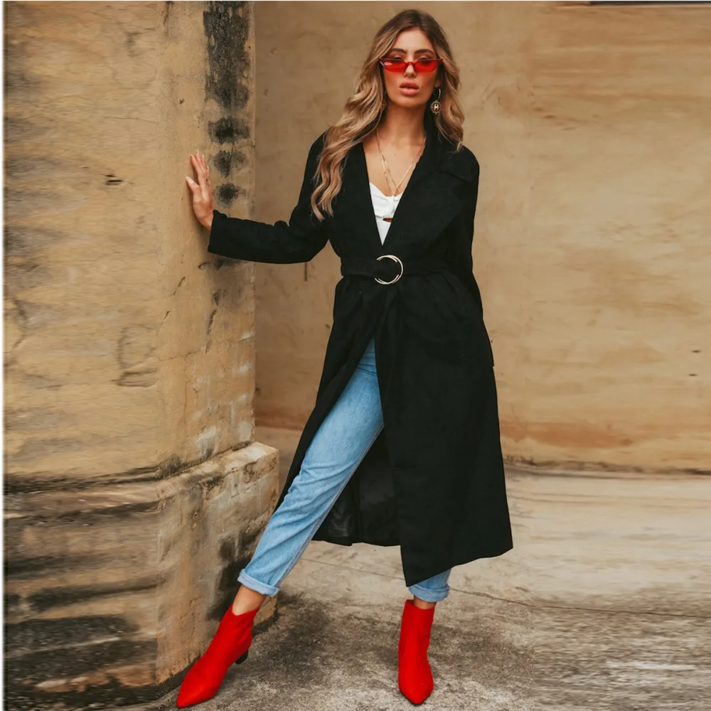 Femmes Faux Ceinturée Outwear Picture Manteaux Longueur Automne Veau Noir Col Laine Dames As Manches À Formelle Élégant Entaillé Longues Pour Midi Wrap Ol RWW4PqX