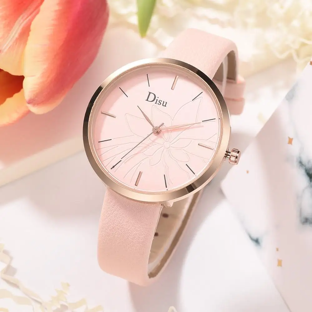 

Fashion Women's Watches Lotus pattern scale Ladies Quartz Wristwatch Temperament Leather Strap Minimalism Clock Reloj Mujer @50