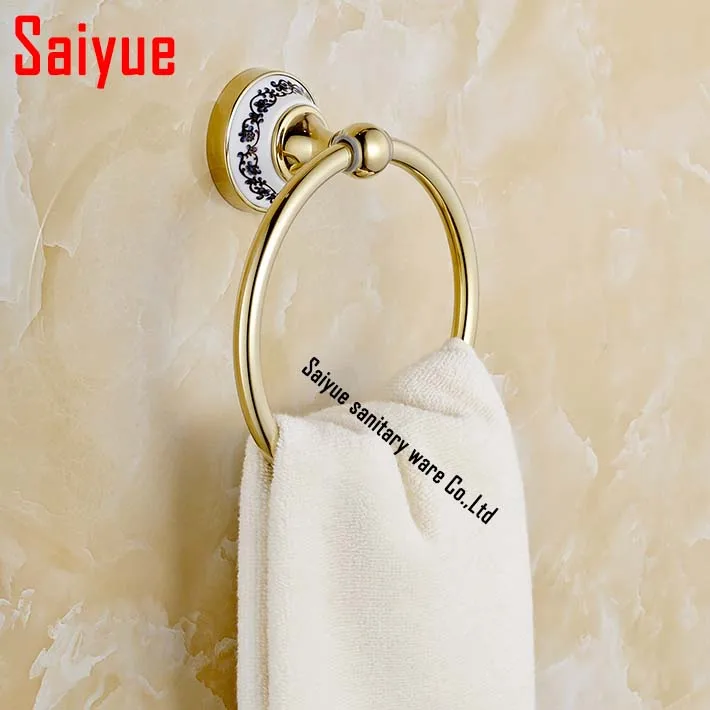 

Blue & White Porcelain zinc alloy Gold Finished Round Towel Ring,ceramic base Bathroom Accessories Towel Holder/rack