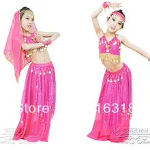 Многоцветная детская одежда для танца живота, комплект(топ, юбка-косуха, вуаль, браслеты), индийские костюмы-сари, сценическая одежда для детей