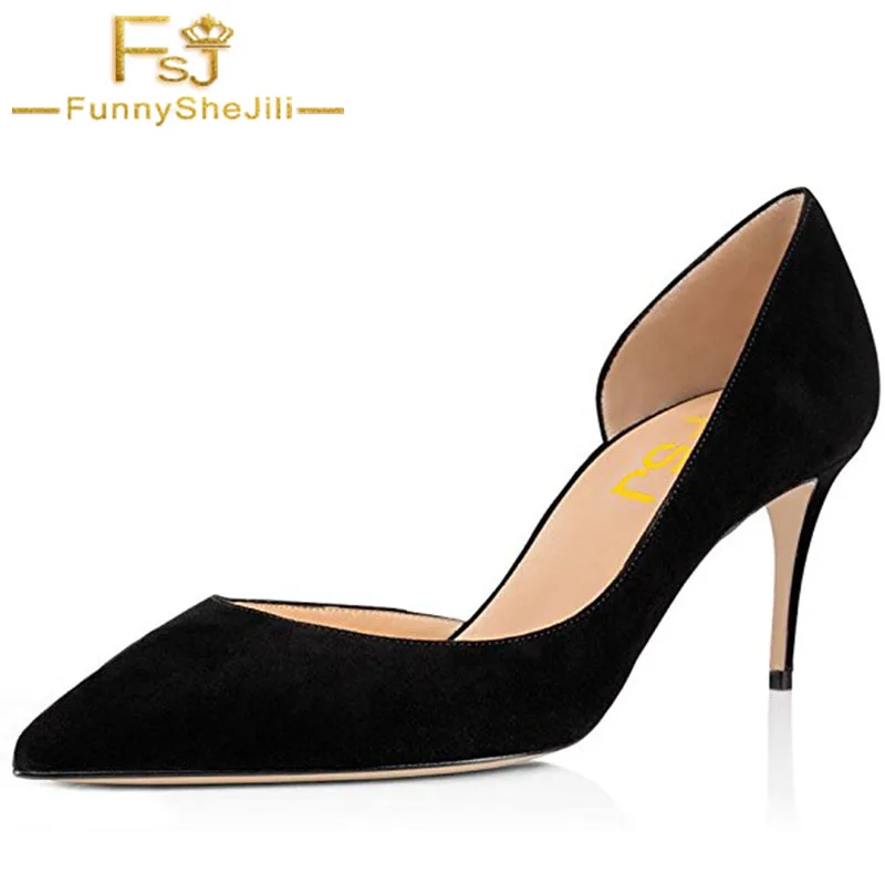 

Black Basic Slip On Pumps Sexy Women Pointed Toe Faux Suede High Heels 8cm D'orsay for Office Dress Size 4-16 US FSJ