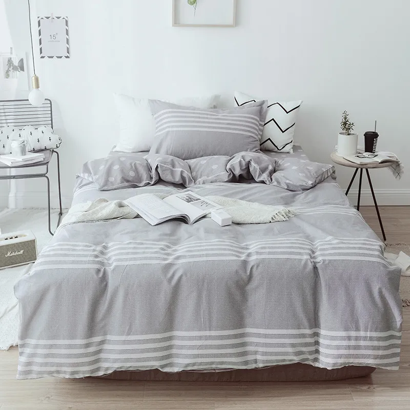 

Gray Stripe Pattern Cartoon Bunny Pattern Bedding Sets Bed Linen Simple Style Bedding Set Winter Full Size Duvet Cover Sheets