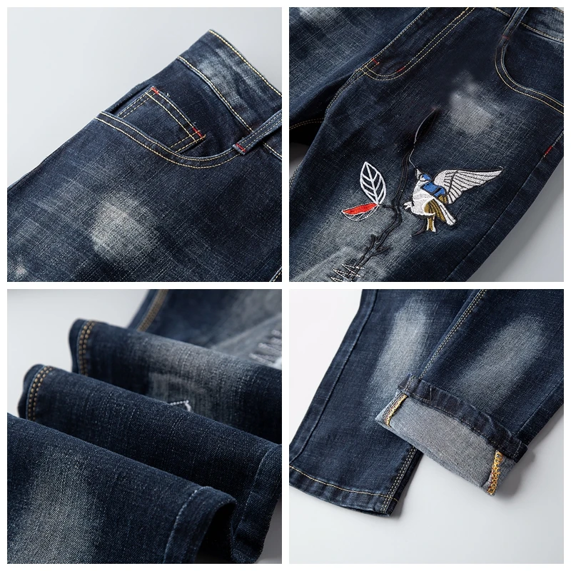 Новые брендовые обтягивающие мужские джинсы с потертостями и дырочками, потертые рваные джинсы для старшей школы, синие джинсовые узкие Синие рваные джинсы