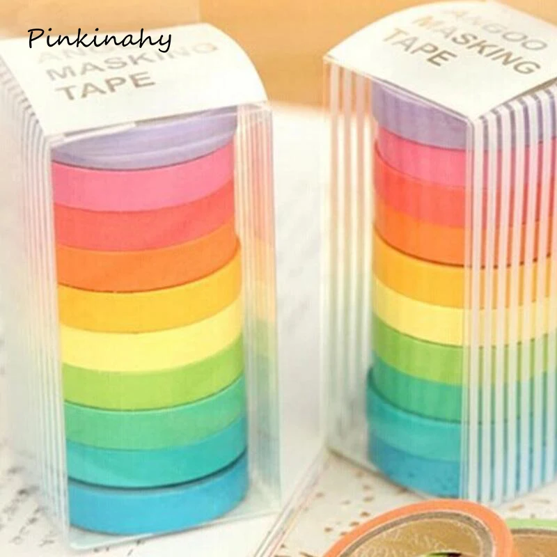 

10PCS/box Rainbow Solid Color Japanese Masking Washi Sticky Paper Tape Adhesive Printing DIY Scrapbooking Deco Washi Tape Lot