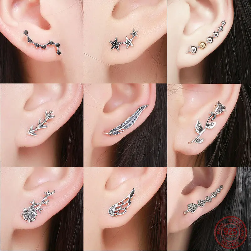 925 Sterling Silver Korean Feather Rose Flower Star Plane Cuff Stud Earrings for Women Fashion Women Earrings 2018 brincos s925