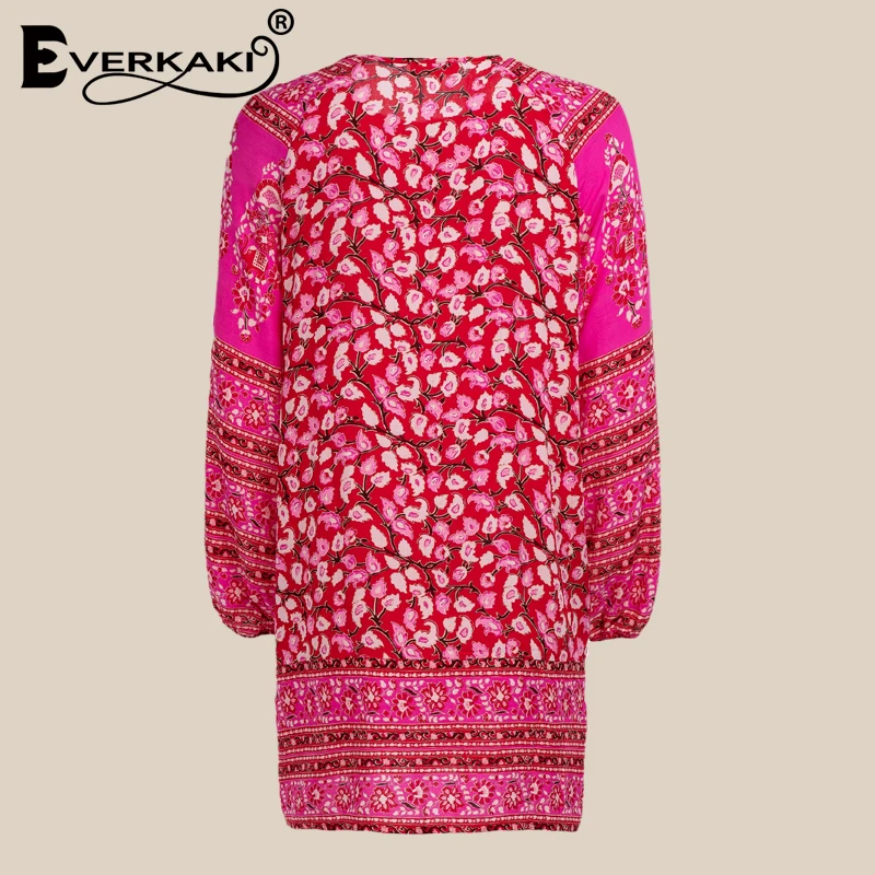 Everkaki Women Boho Gypsy Print Cotton Mini Dress Vestidos Button O Neck Long Sleeve Bohemian Lady Dress Female 2018 Summer New
