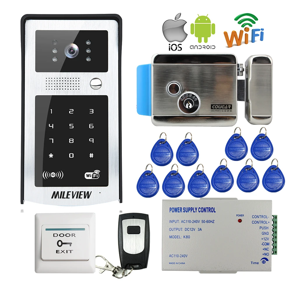 БЕСПЛАТНАЯ ДОСТАВКА RFID Код Клавиатуры Wifi 720 P Video Door Phone домофон Открытый Колокол для Android IOS Телефон + Электрическое Управление замок