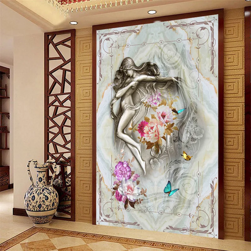 

3D mural wallpaper Customized medium-size oil painting with girl flower pattern as vertical background the corridor screen