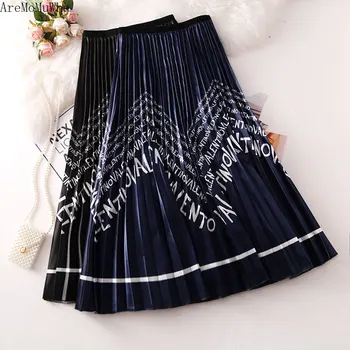 

AreMoMuWha2019 Summer New Fashion Wavy Letters Printed Pleated Skirt Female Tide Long Section A Word Skirt Big Swing SkirtQX1111