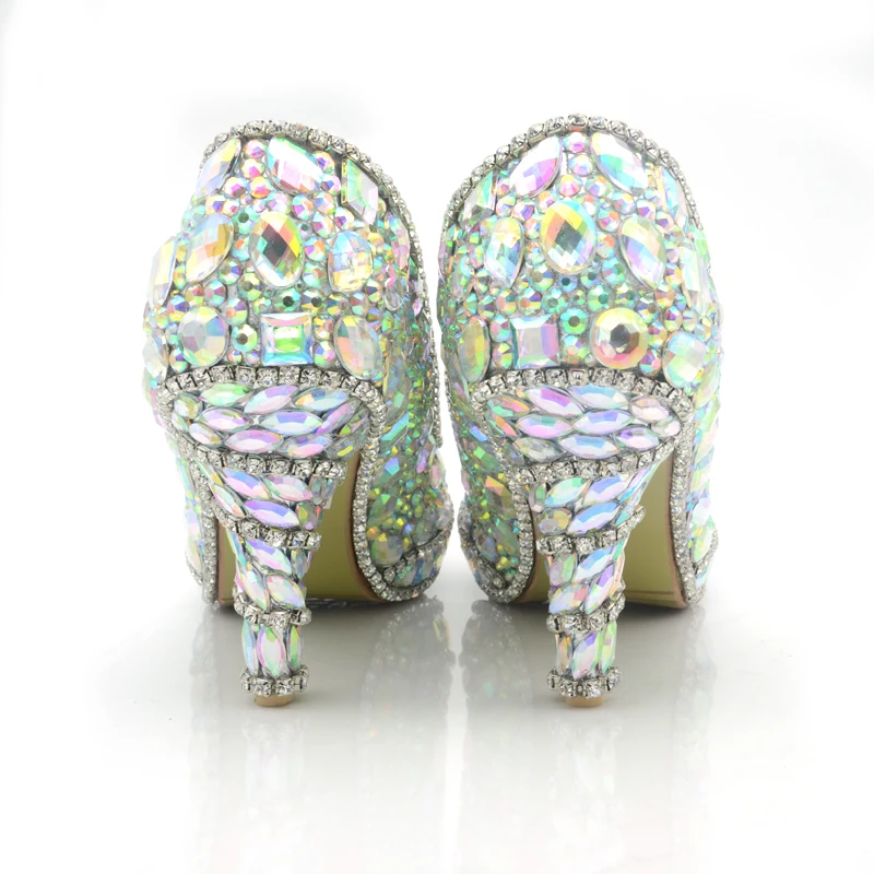 Игристое AB Цвет кристаллами Свадебные туфли 3 дюймов на высоком каблуке обувь для Выпускного бала Туфли-лодочки для вечеринок по случаю встречи выпускников на платформе круглый носок