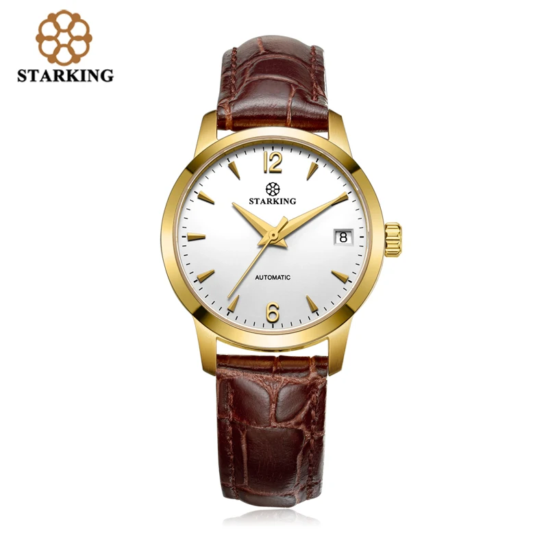 

STARKING Women Automatic Watch Brown Genuine Leather Strap Sapphire Lady watches Simple Fashion gold case WristWatch waterproof