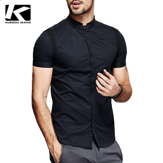KUEGOU hombre camisas de manga corta, cuello mao camisas