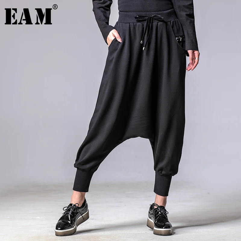 

[EAM] 2019 New Spring Autumn High Elastic Waist Loose Emobroidery Bandage Loose Harem Pants Women Trousers Fashion Tide JY918