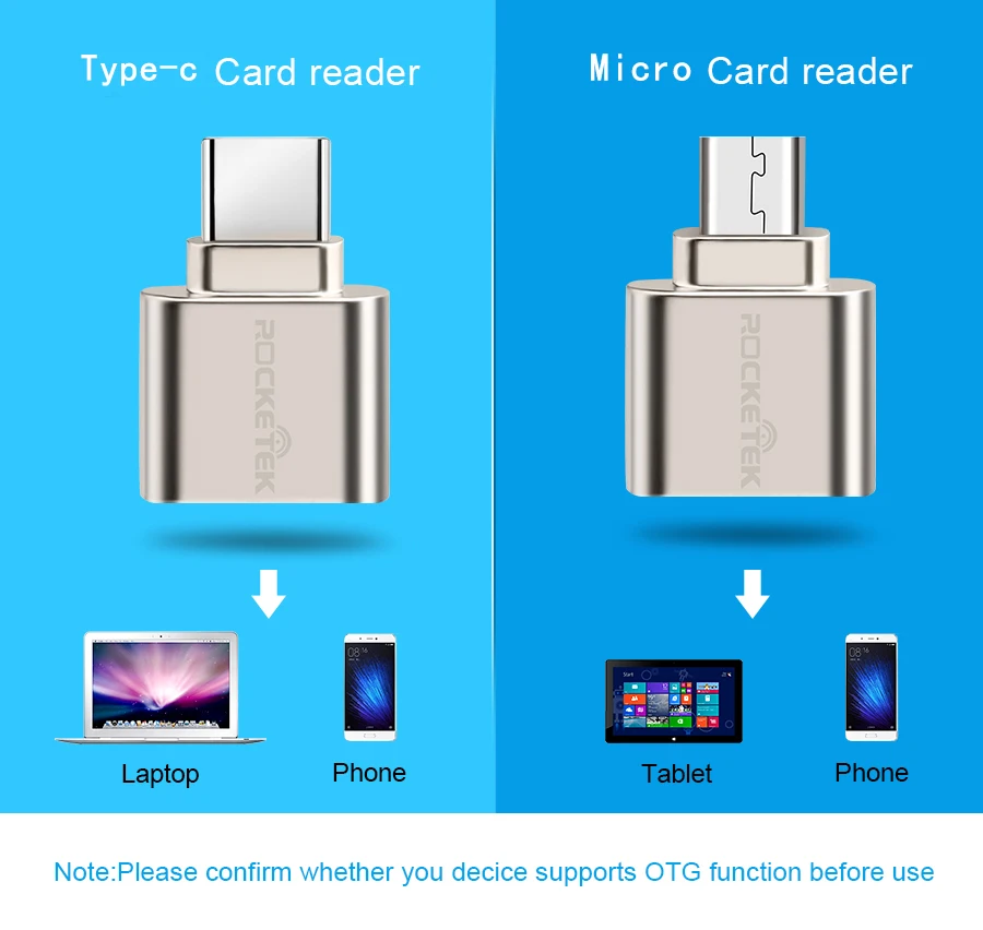 Rocketek micro usb 2,0 type c otg телефон мини-считыватель карт памяти адаптер алюминиевый кардридер для micro SD/TF microsd ноутбука