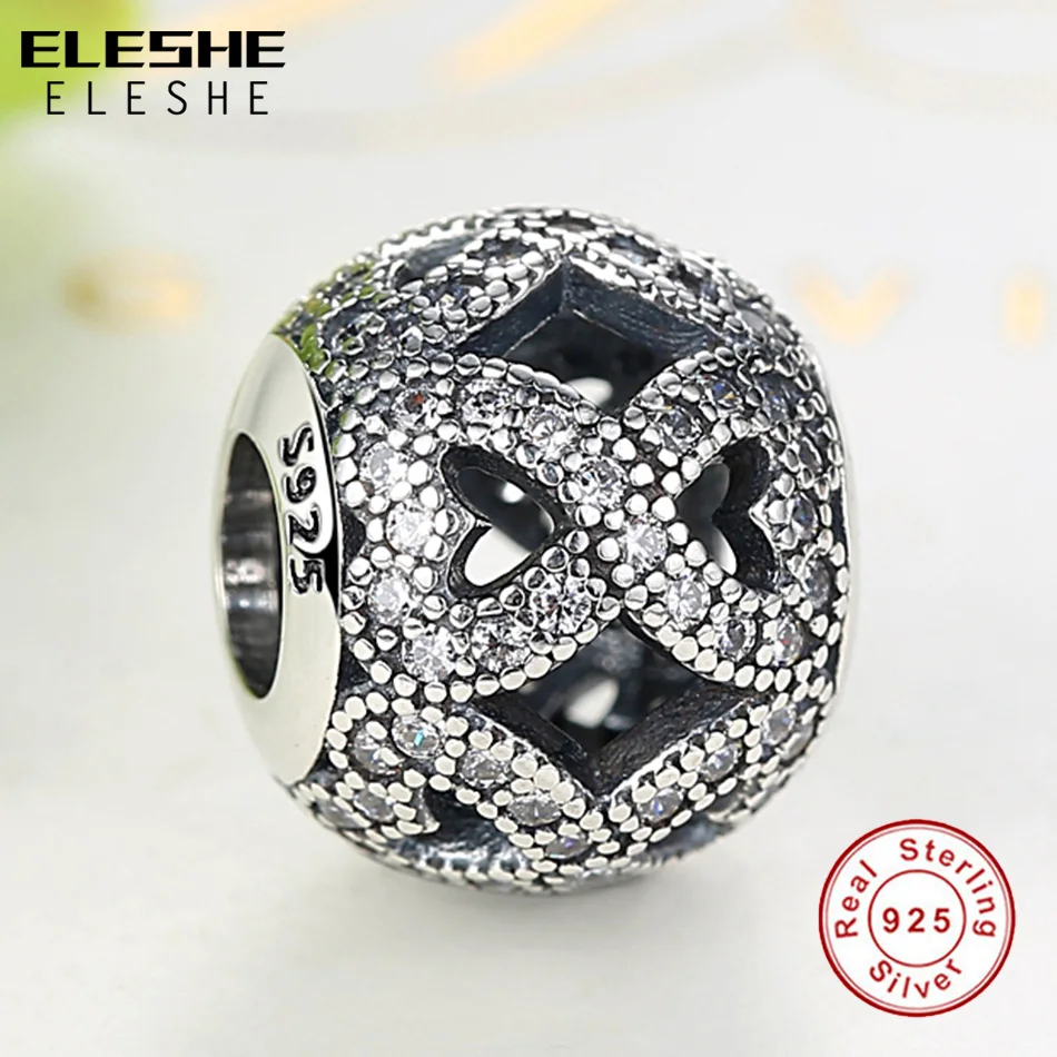 ELESHE Real 925 Sterling Silver Infinity Charm Crystal Openwork Charm Beads Fit Bracelet Authentic Luxury DIY Jewelry