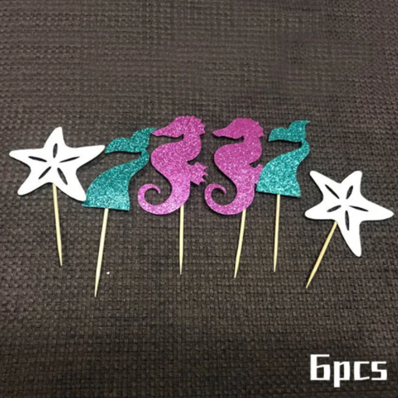 WEIGAO блестящая гирлянда русалки, баннеры для вечеринки в честь Дня Рождения, вечерние украшения для детей - Цвет: 6pcs cake toppers