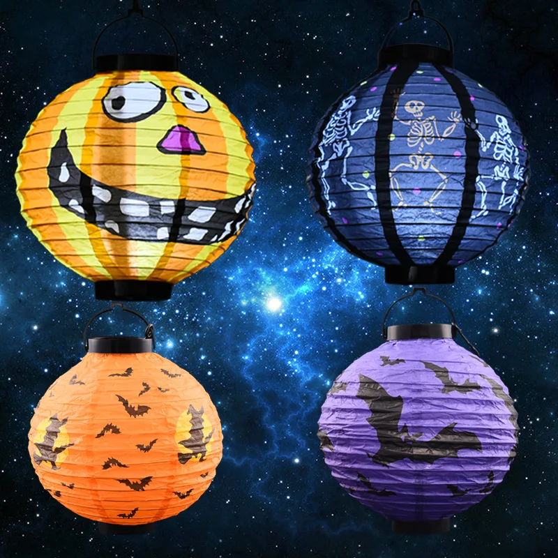 

1pc Paper Lantern Battery Powered Lantern Pumpkin Lamp Handheld Halloween Props Lighting Horrible Painted Hanging Props