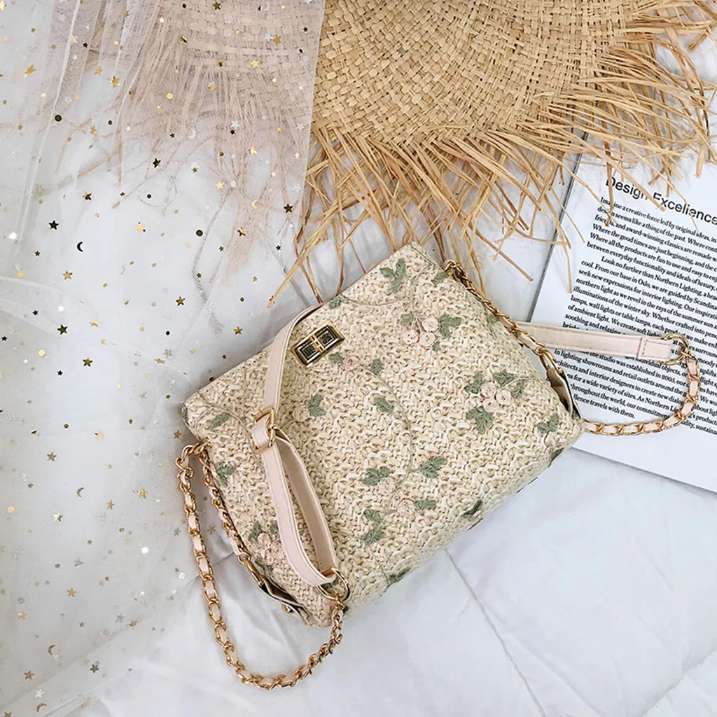Летняя плетеная Сумка из ротанга с кружевной цветочной вышивкой, сумки через плечо, женские сумки на плечо, пляжные сумки на цепочке, сумки-мессенджеры