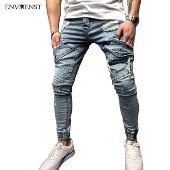 

Envmenst Men's Blue Ripped Jeans Pants With Holes Super Skinny Slim Fit Destroyed Distressed Denim Joggers Trousers For Male