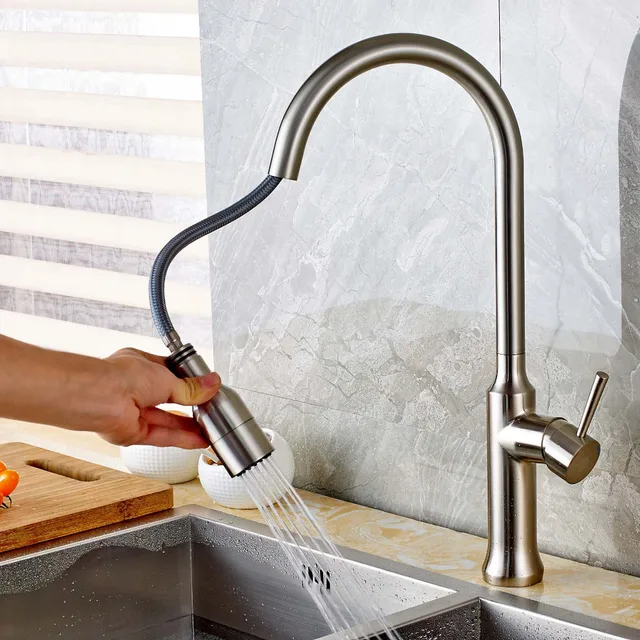 Best Price Nickel Brushed Pull Out Sprayer Kitchen Faucet Vessel Sink Mixer Tap Solid Brass Single Handle Hole