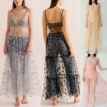 

2019 New Women's Mesh Sheer Sexy Bikini Cover Up Casual Star Maxi Dress Summer Beach