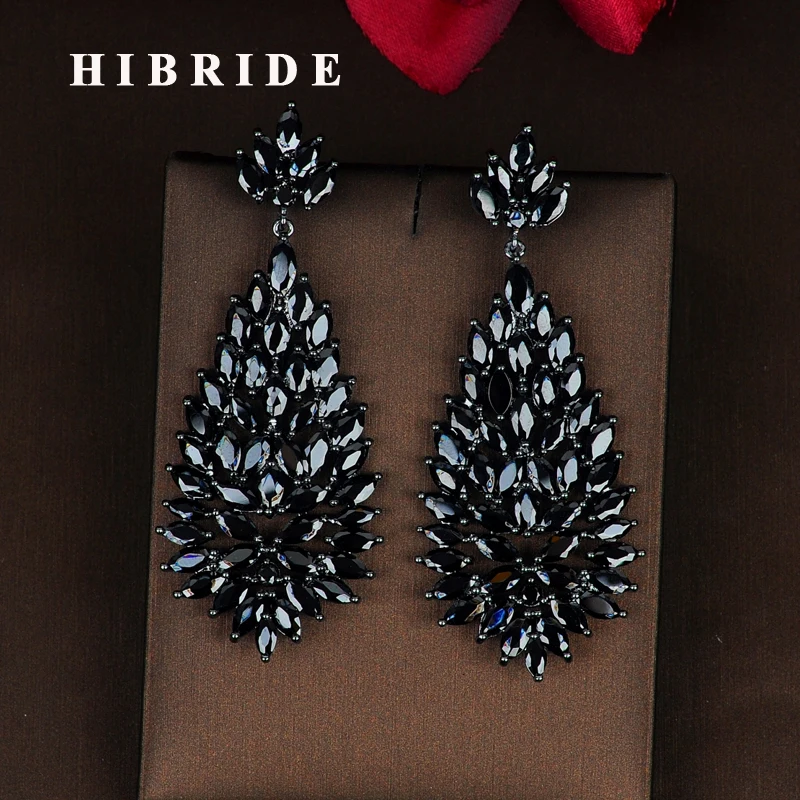 

HIBRIDE Luxury Fashion Design Marquise Cut Black Cubic Zirconia Drop Earring Brincos Jewelry Party Gifts Wholesale Price E-812