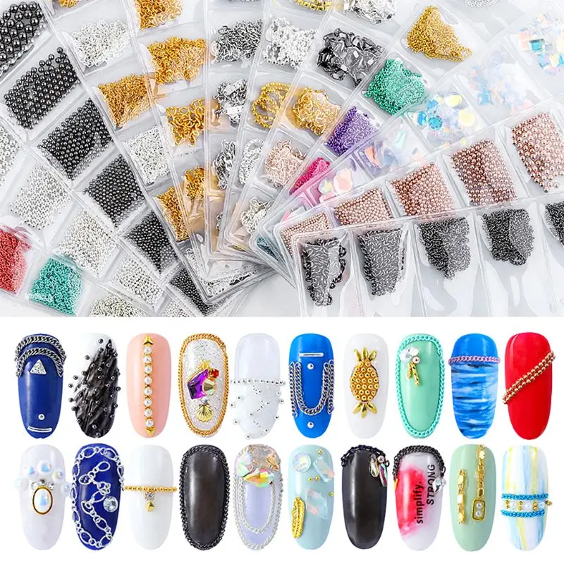 

6 Grid/Pack Flat Chain Japanese Korea Colorful Metal Nails Chain Caviar Steel Bead 3d Nail Art Decorations Nail Jewelry DIY