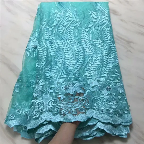 Высокое качество Африканский шнурок ткань изумрудно-зеленый французская сетчатая вышивка расшитый бисером кружевной тюль ткань для нигерийские вечерние платье - Цвет: 5