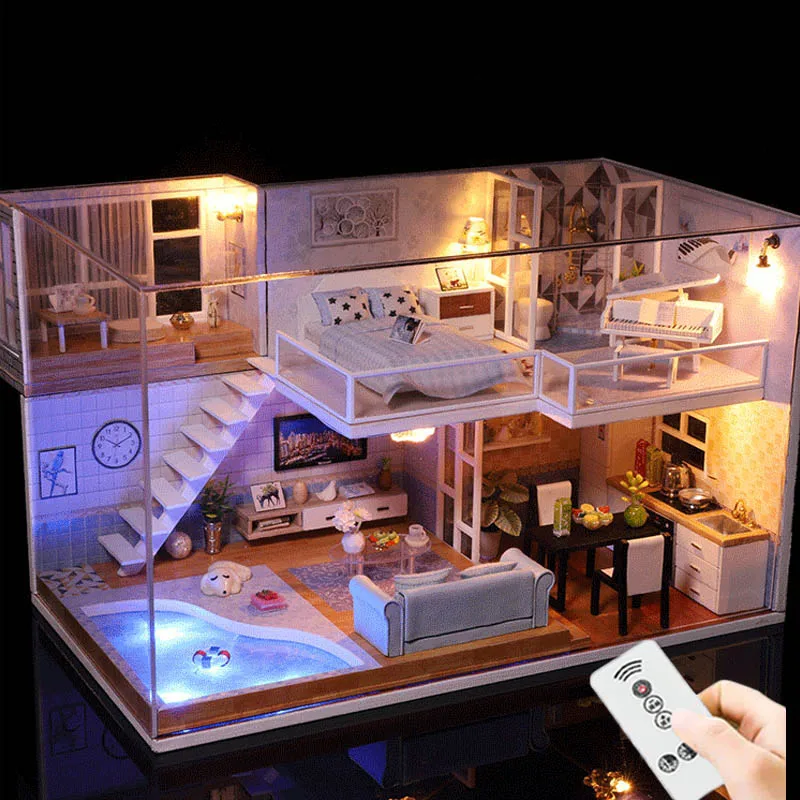 

Diy Dollhouse Mini Casa Miniature Dollhouse Loft House Model Building Kits Christmas Birthday Gift Toys For Children Adults #E