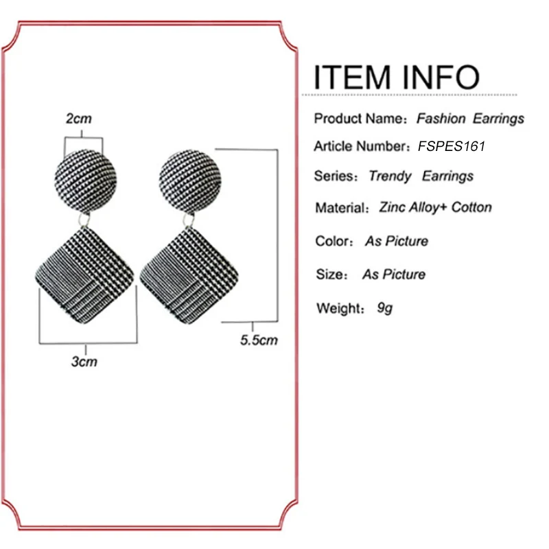 Элегантные висячие серьги в черно-белую клетку из бархатной ткани квадратные Висячие серьги для женщин ювелирные изделия из ткани FSPES161