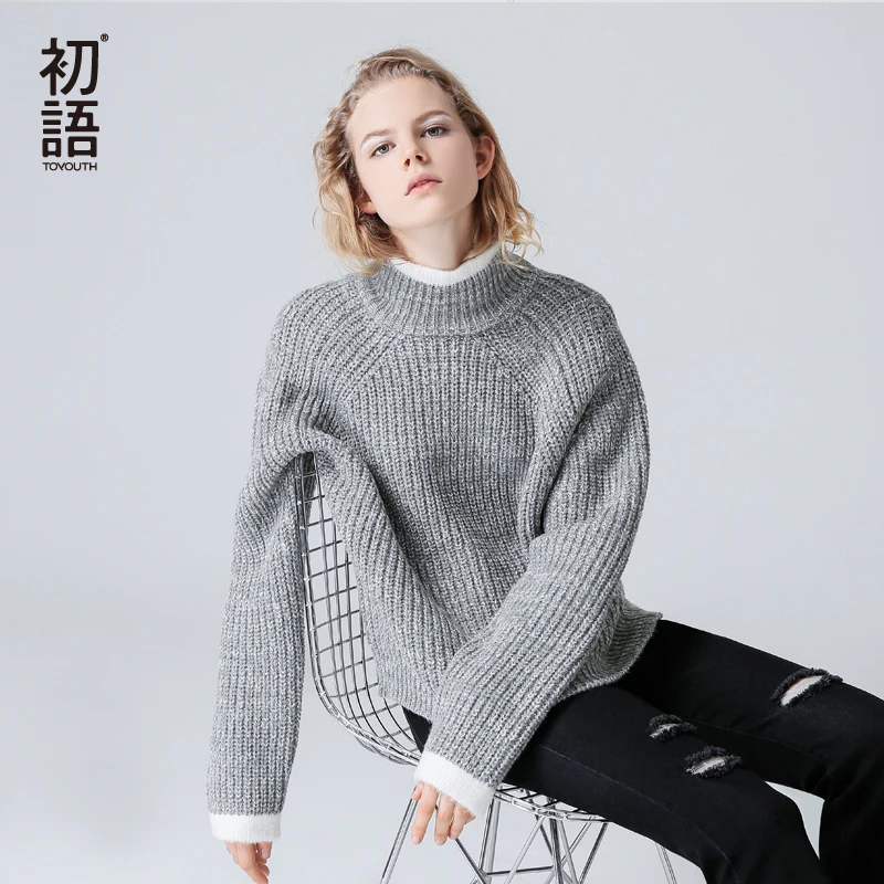 Toyouth Color Block Knit Jumper Autumn Winter Womens Pullover Sweater Grey Stand Collar Long Sleeve women sweaters and pullovers