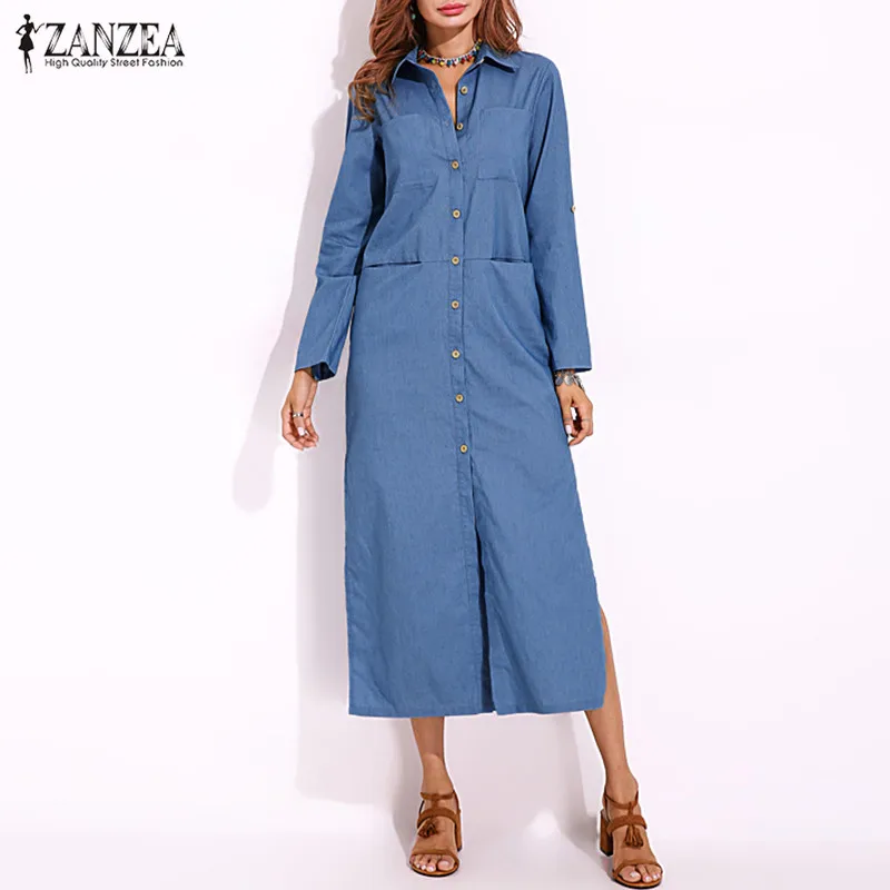 Размера плюс, ZANZEA, весенний, элегантный, для работы, OL, сарафан, женский, на каждый день, с отворотом, длинный рукав, длинная рубашка, Vestido, модное, джинсовое, синее платье