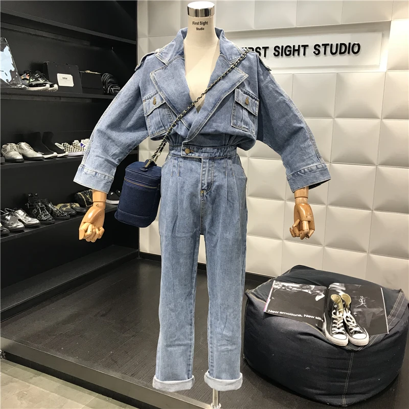 

2019 New Spring Autumn Women's Retro Long Sleeve Denim Jumpsuit Rompers Student Female Loose BF Wind Jeans Pants Casual Overalls
