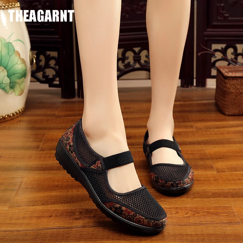 THEAGRANT 2019 National Style Grandma Mom Soft Women Flat Shoes Ethnic Cut Out Mesh Lady Drive