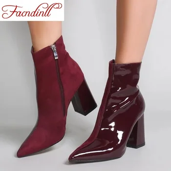 

FACNDINLL brand women ankle boots new fashion pu leather high heels pointed toe zipper black woman dress party riding boots 43