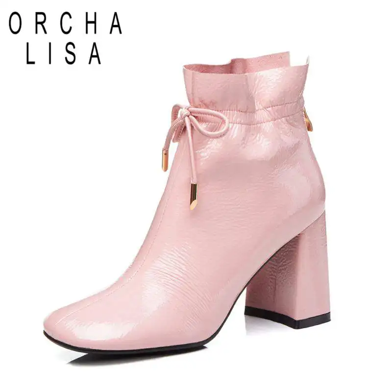 

ORCHA LISA Quality Winter Ankle boots women Lace up Thick heels Square toe solid Black Pink Shoes Botas feminino mujer Bottes