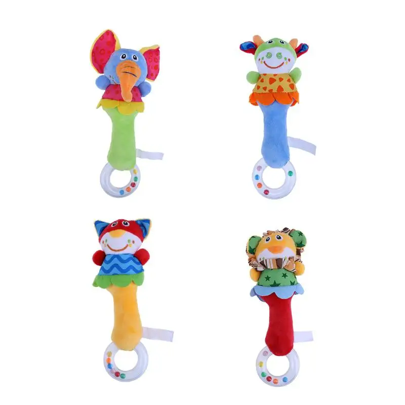 Cute Plush Animal Hand Bell Baby Rattle Toy with Teether Ring Lovely Soft Stuffed Rattle